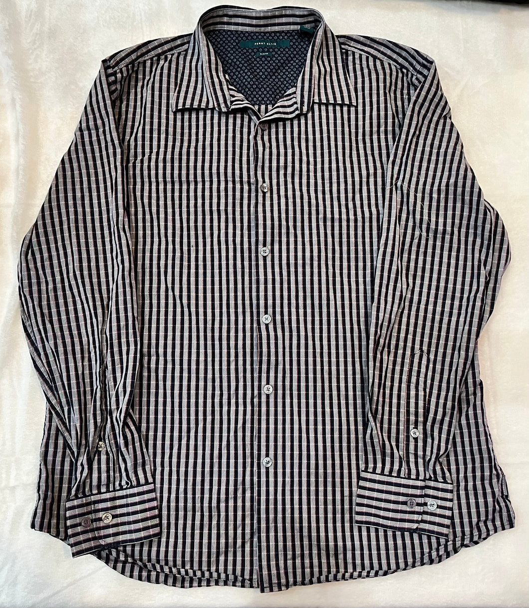 Perry Ellis LS Nvy/Rd PlaidButtonFrDressShirt - size X-Large
