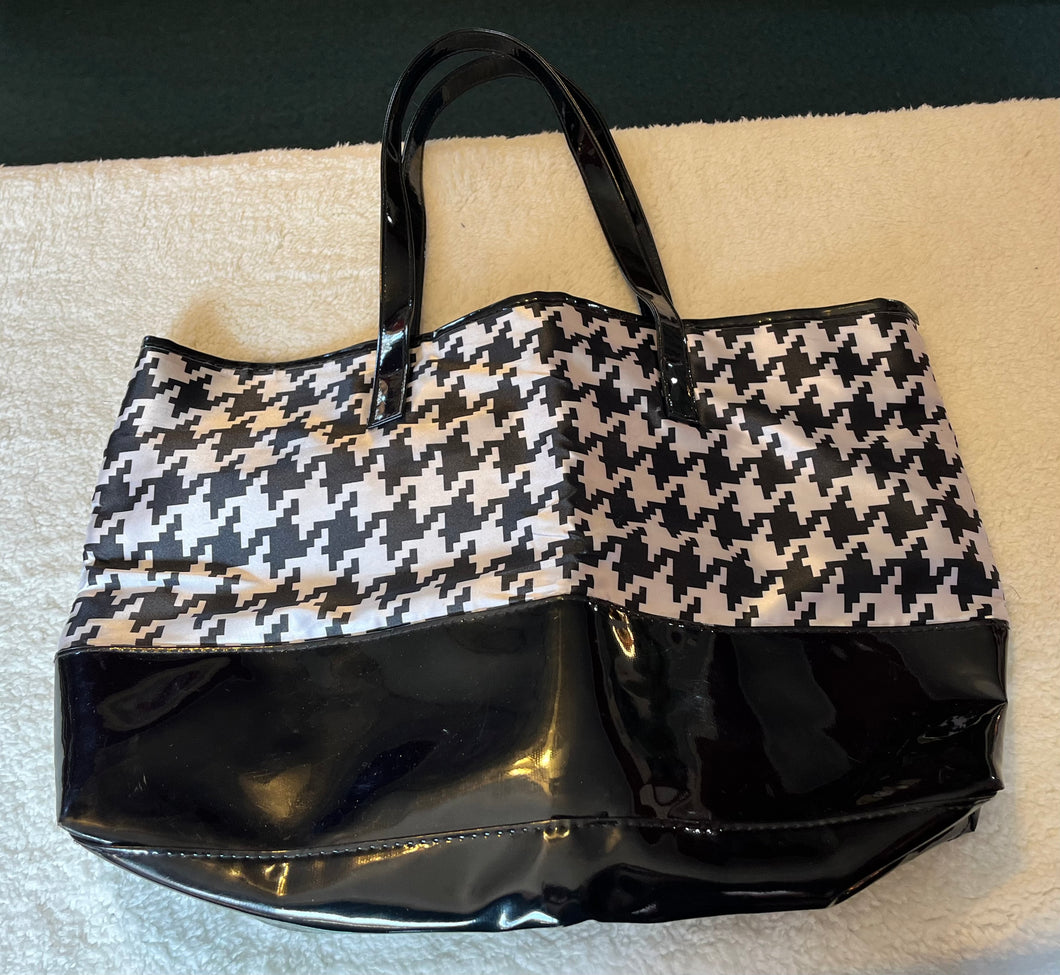 Blk/Ivory Houndstooth & Blk Patent Large Bag
