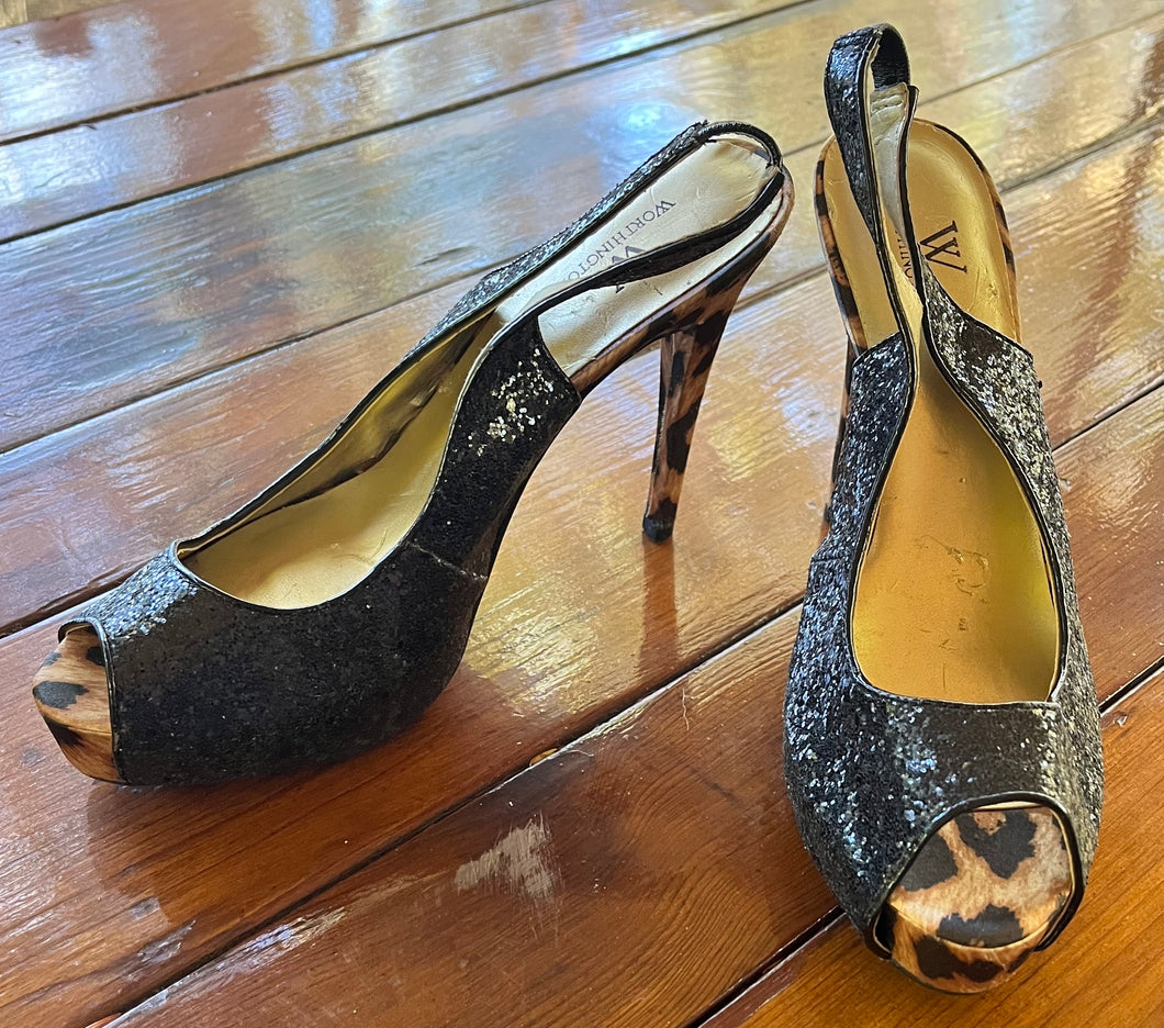 Worthington Blk Sparkly PeepToeStilettos w Lprd - size Womens shoes: 8