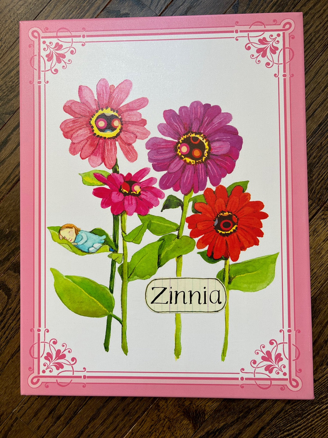 Zinna pink canvas wall hanging-like new!