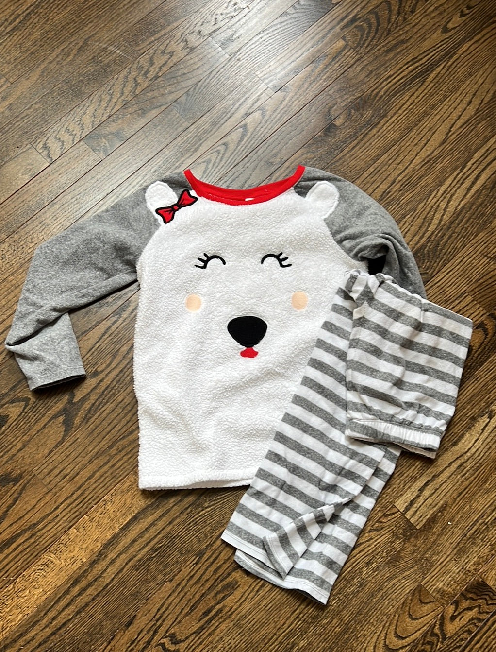 Fleece fuzzy white &grey stripe 2 piece Size10/12 - size 10