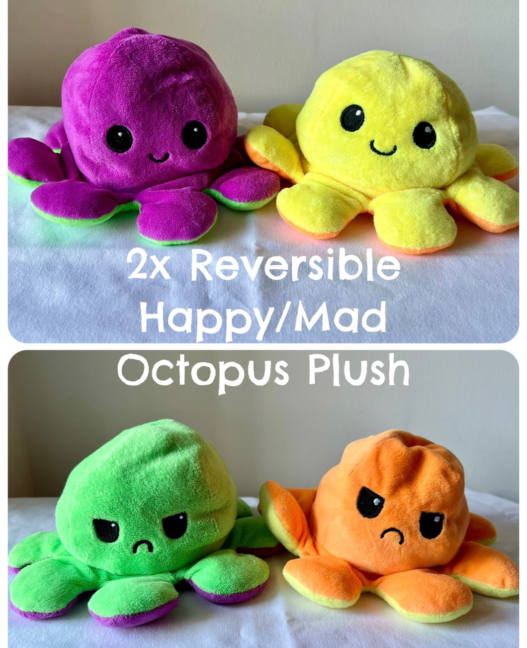 2x Reversible HAPPY/MAD Octopus Plushes