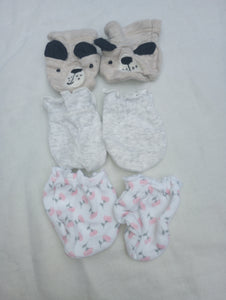 3 infant hand mittens Puppy, gray, flower patt