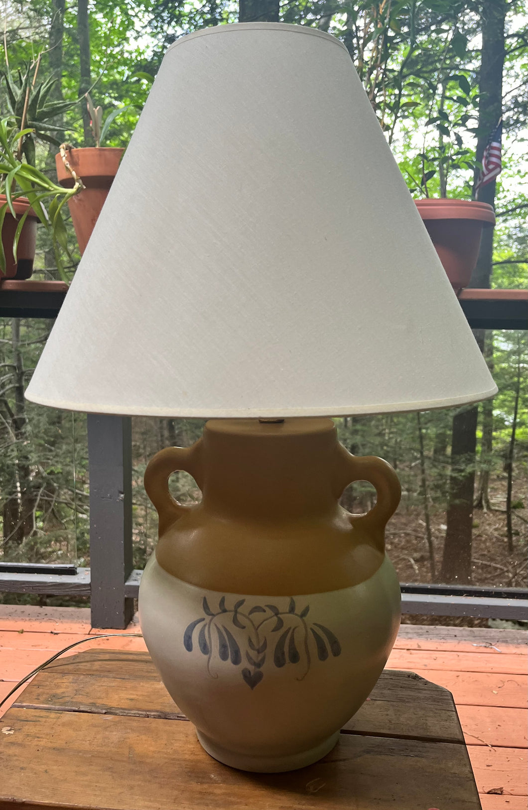 Jug Style Pottery Lamp w Blue Stencil & Shade