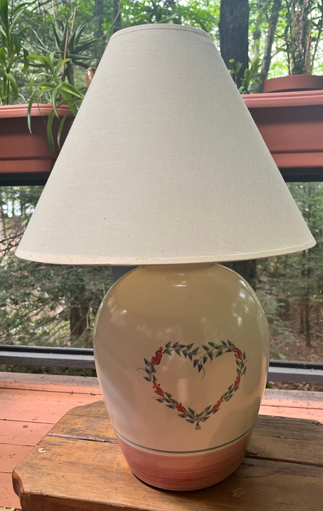 Pottery Lamp w Pink Base Heart Design & Shade