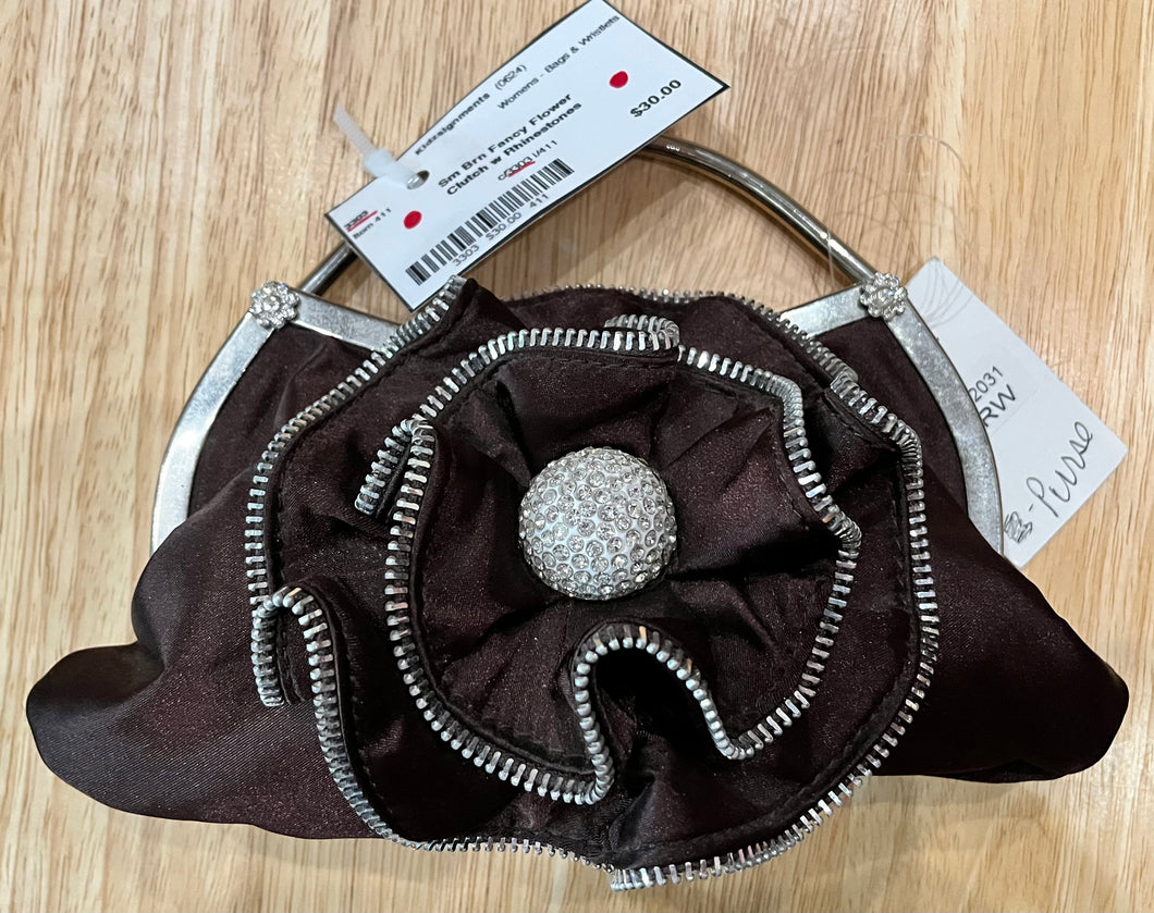 Sm Brn Fancy Flower Clutch w Rhinestones