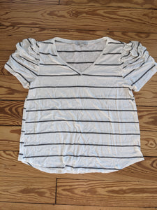 Striped Black White Top Ruched Sleeve Design - size Medium