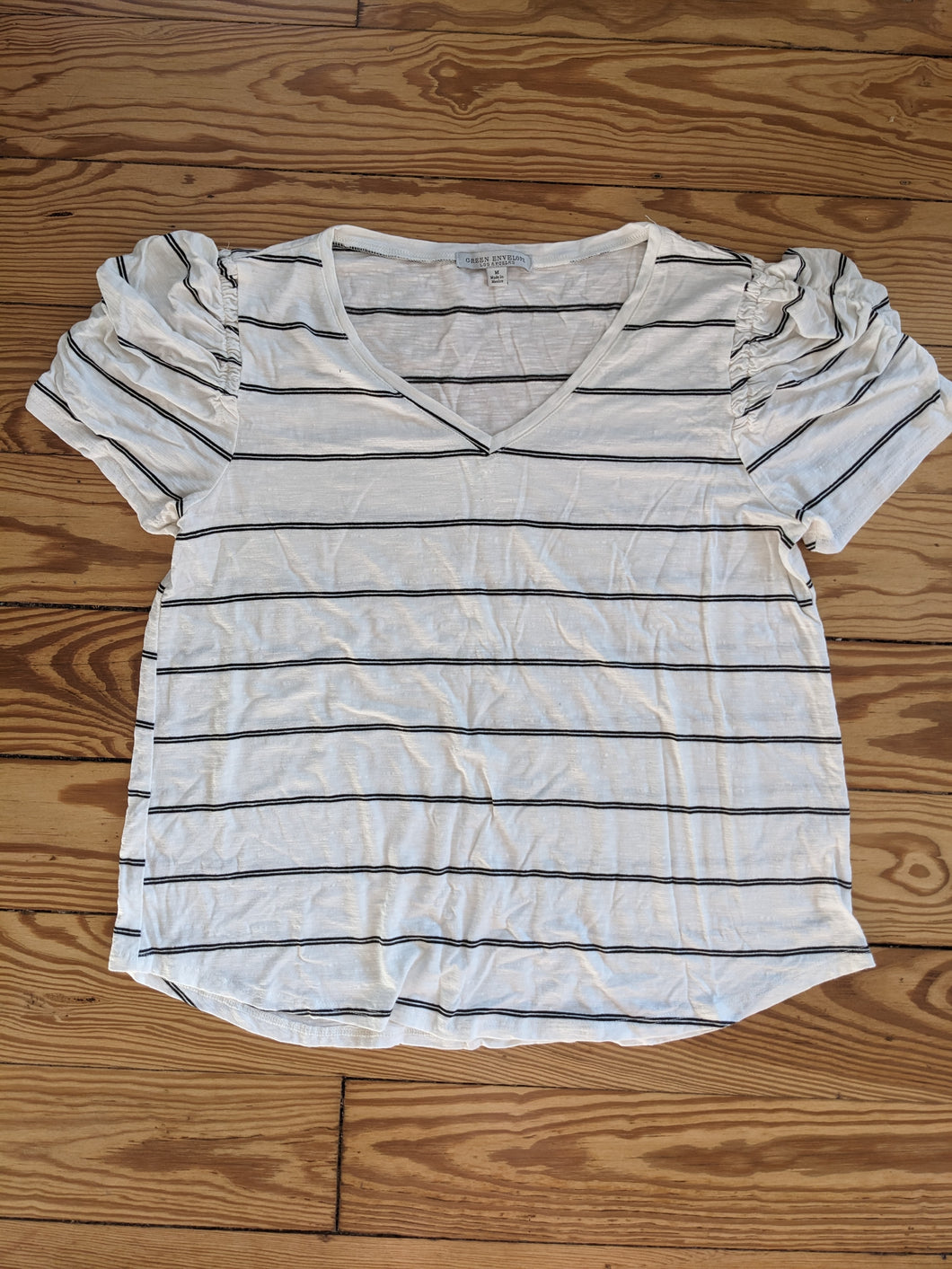 Striped Black White Top Ruched Sleeve Design - size Medium