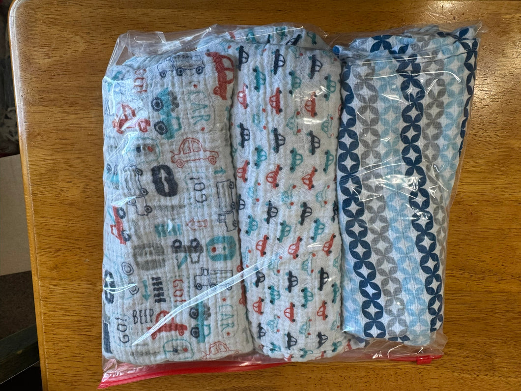 Muslin Swaddle Blankets 3 pack Cars/blue