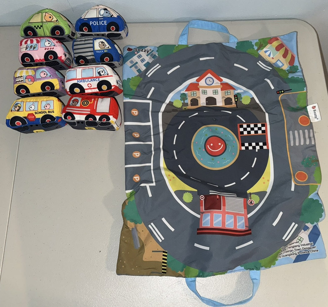 8 Plush Cars with Carrying Track Bag