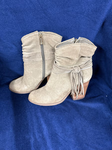 Tan Suede Booties w Fringe Accents - size Womens shoes: 7 1/2