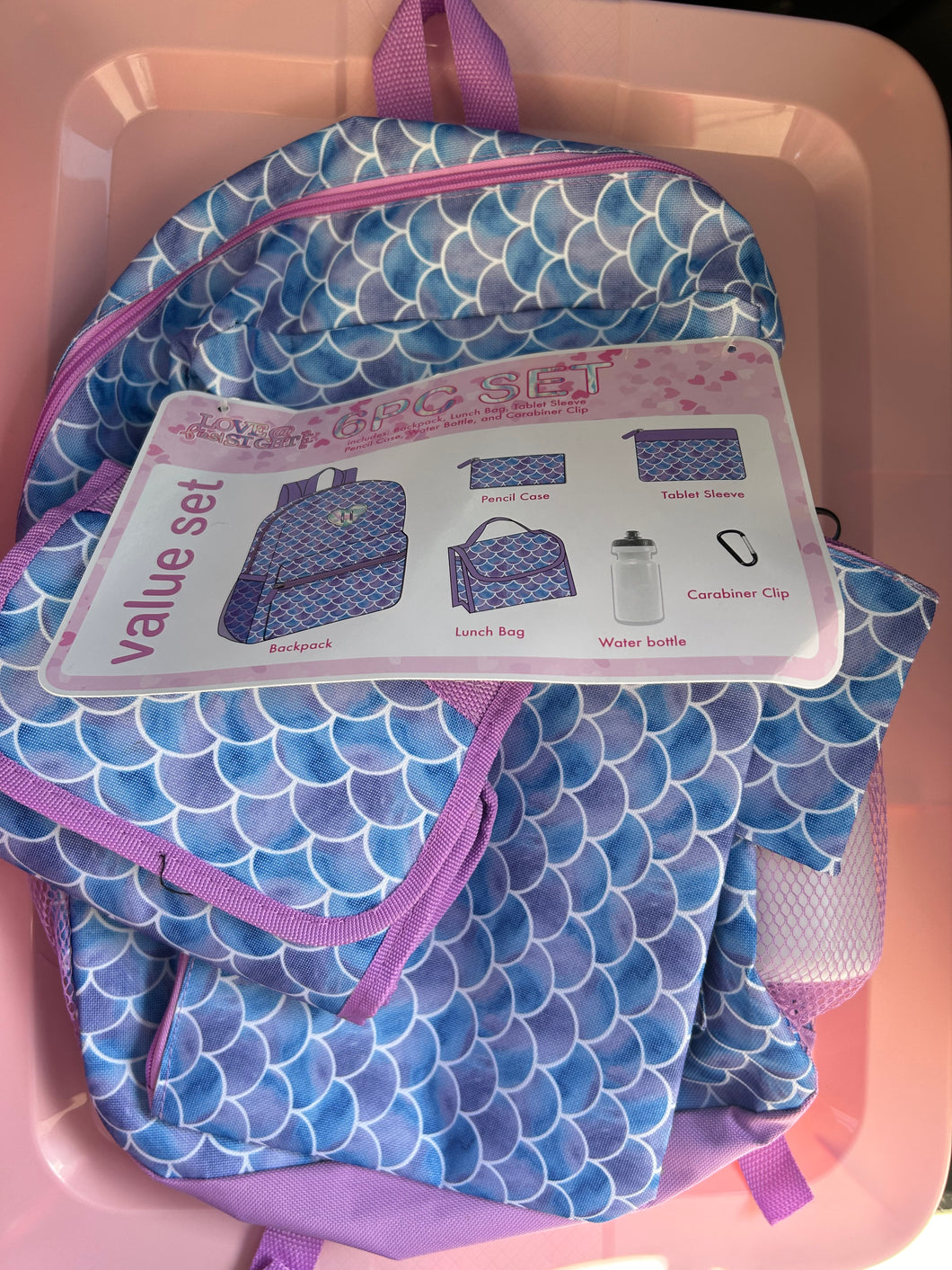 6PC set mermaid purple: Backpack, lunch bag,