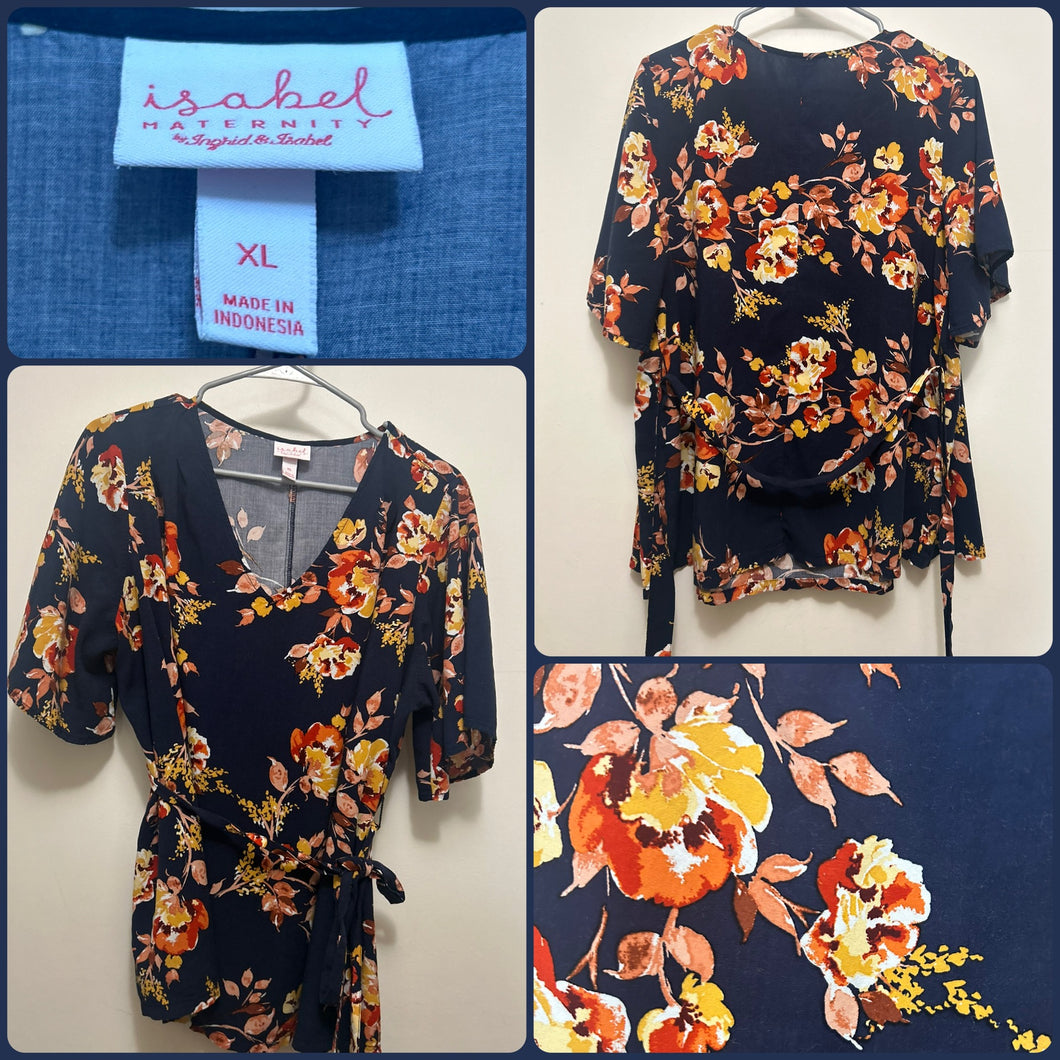 ISABEL vneck navy top Floral with fabric belt - size X-Large