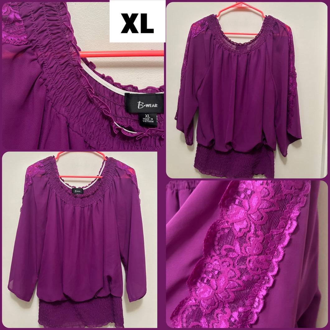 B Wear purple flowy top Lace on sleeves (seethru - size X-Large