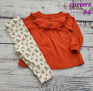carters - 2 piece flower pant/orange shirt - size 3 Months