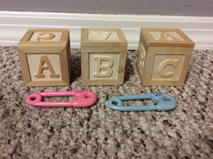3 wood letter block boxs And safety pins blue&pnk