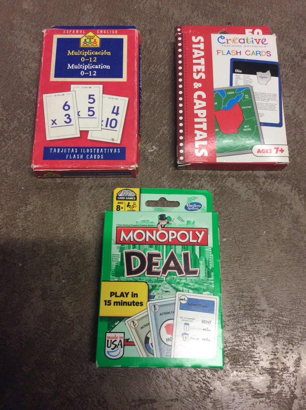 3 cards in box-states, Multiplication, Monopoly