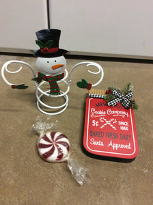 Snowman wine holder, Sign & candy swirl candl