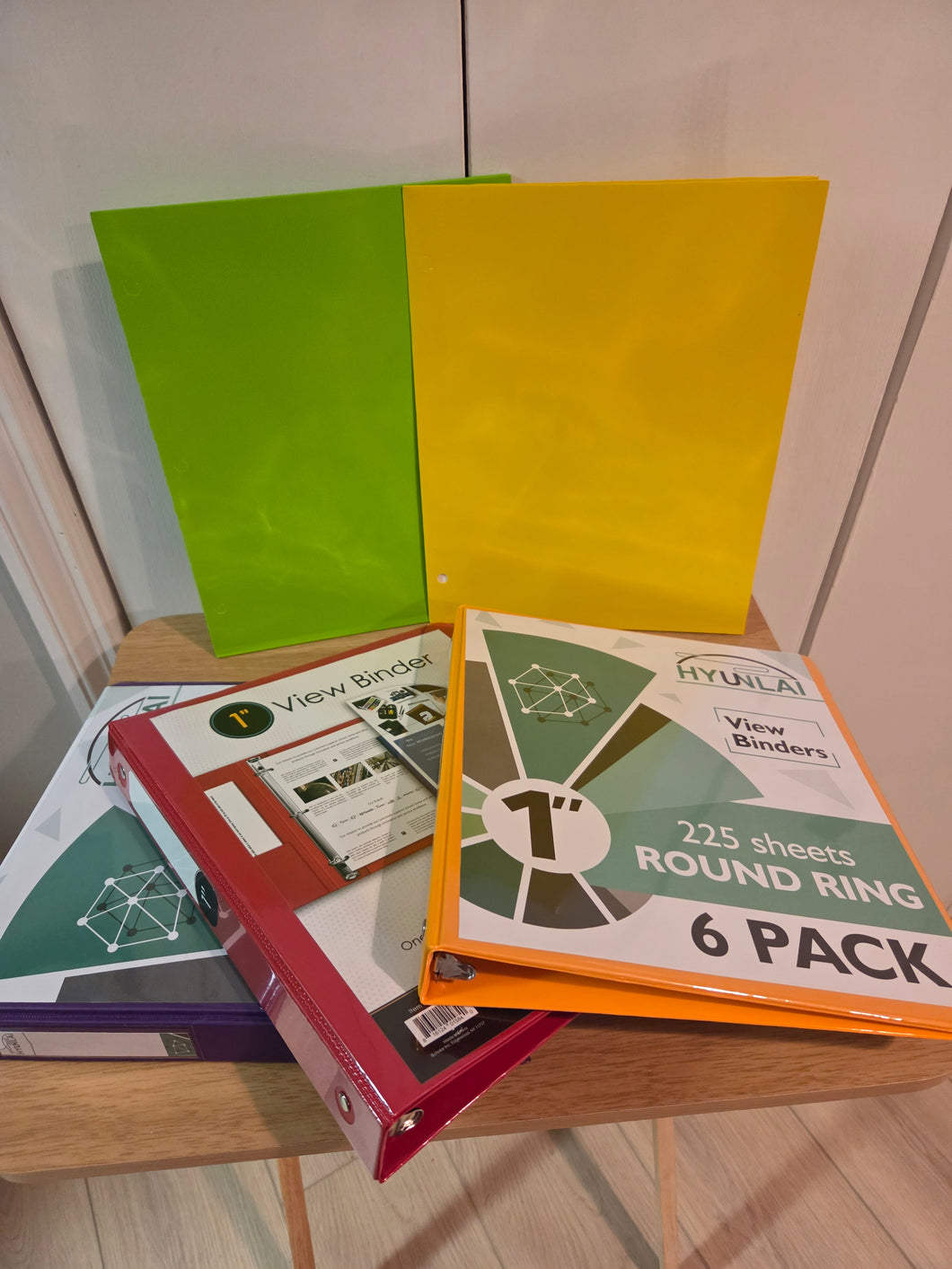 1 binders- org, red, pu And 2 folders- green &