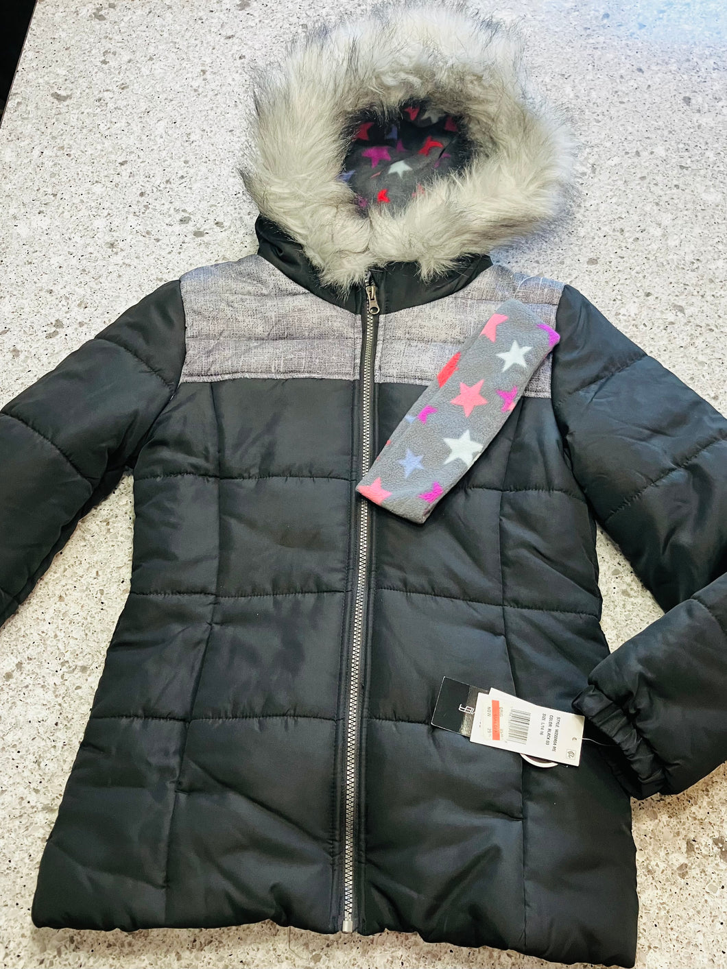*NEW* BLACK PUFF WINTER JACKET-MATCHING HEADBAND - size 14